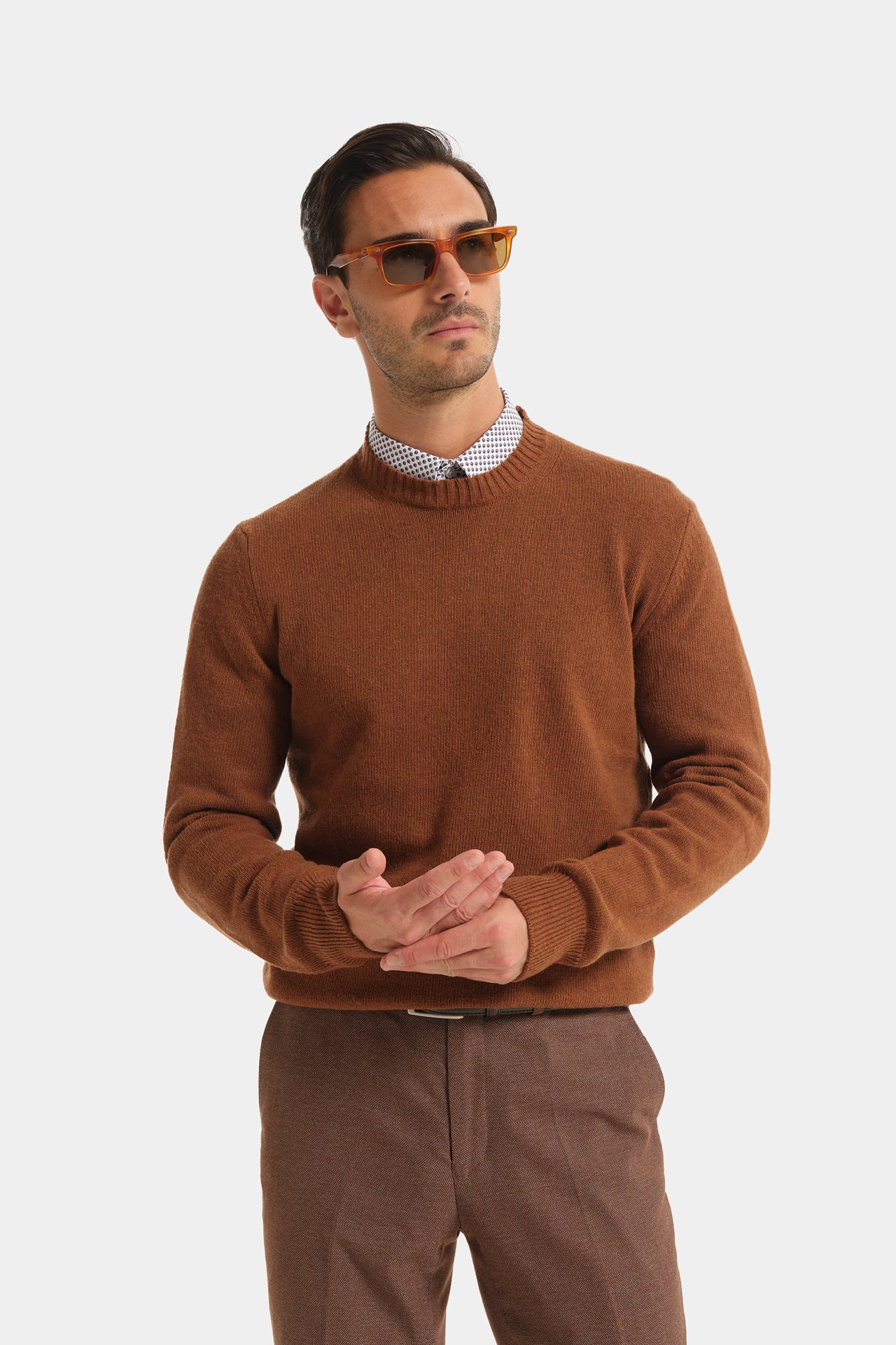 Crew Neck Sweater Mixed Cashmere Tobacco Fineness 7