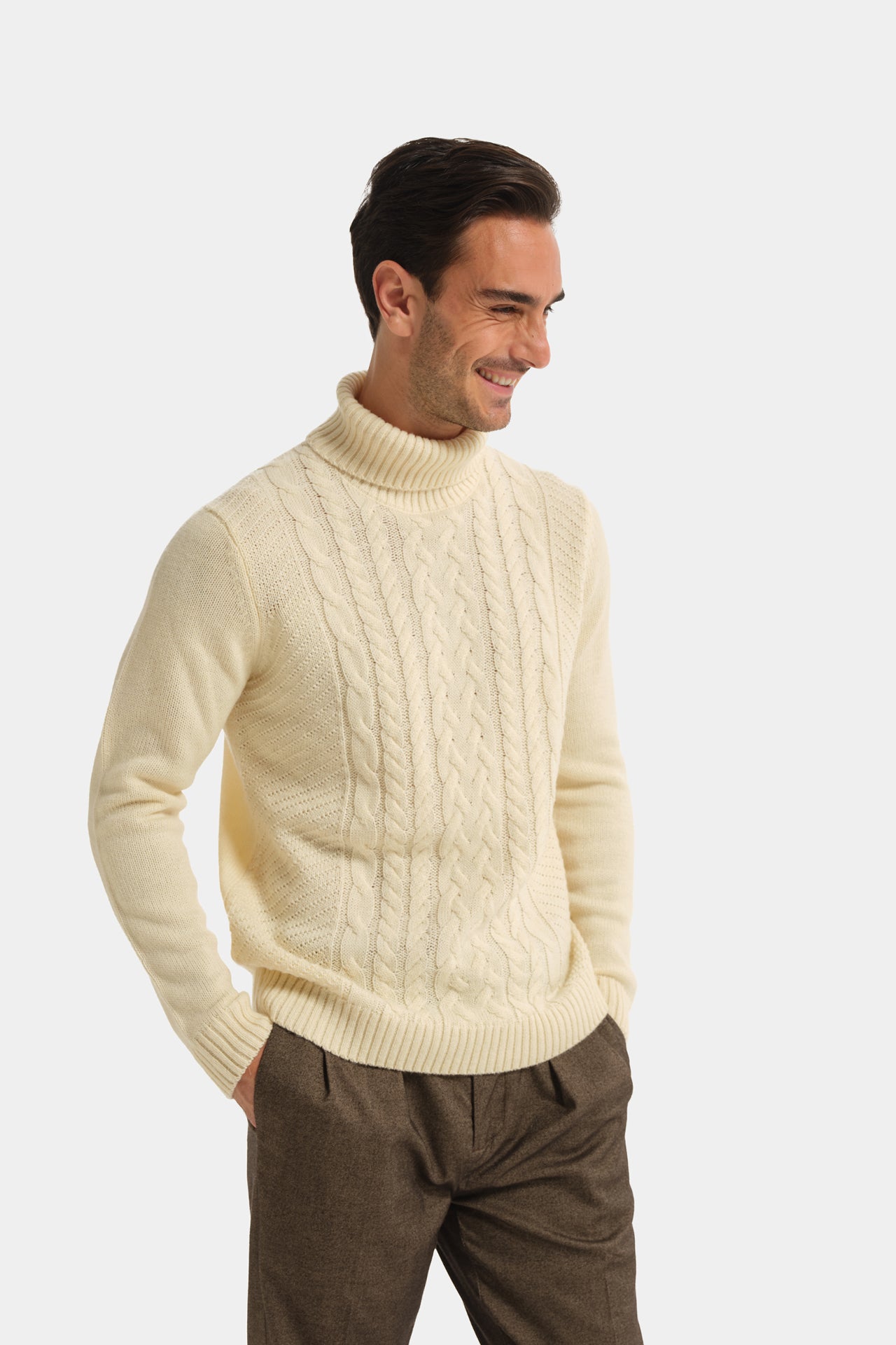 Cream Wool Blend Braided Motif Turtleneck Sweater