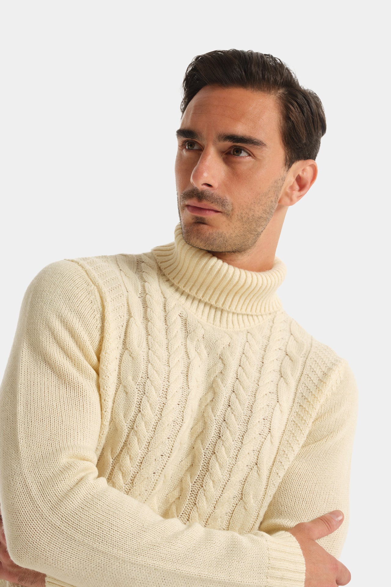 Cream Wool Blend Braided Motif Turtleneck Sweater