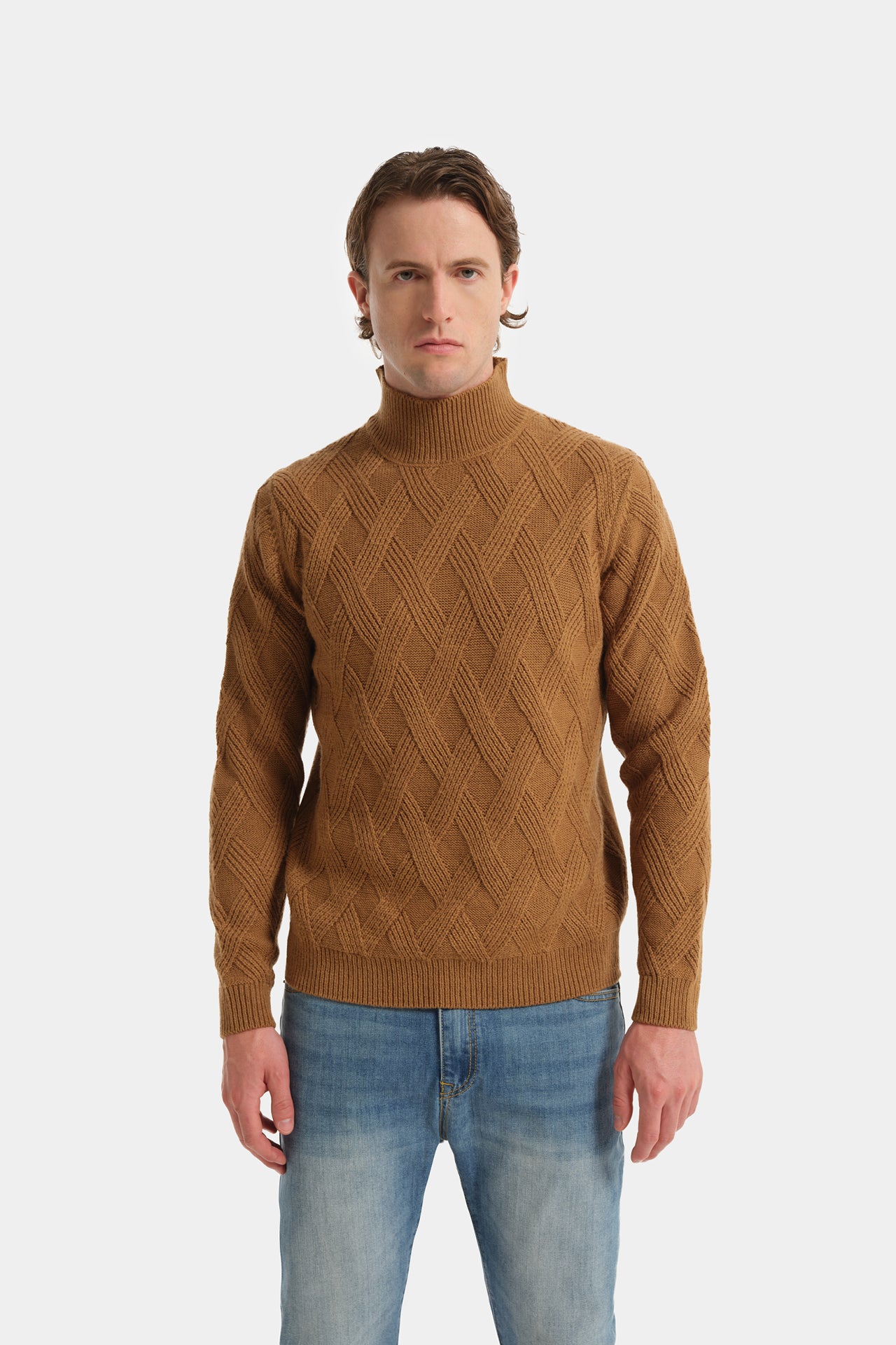 Cognac Geometric Motif Turtleneck Sweater