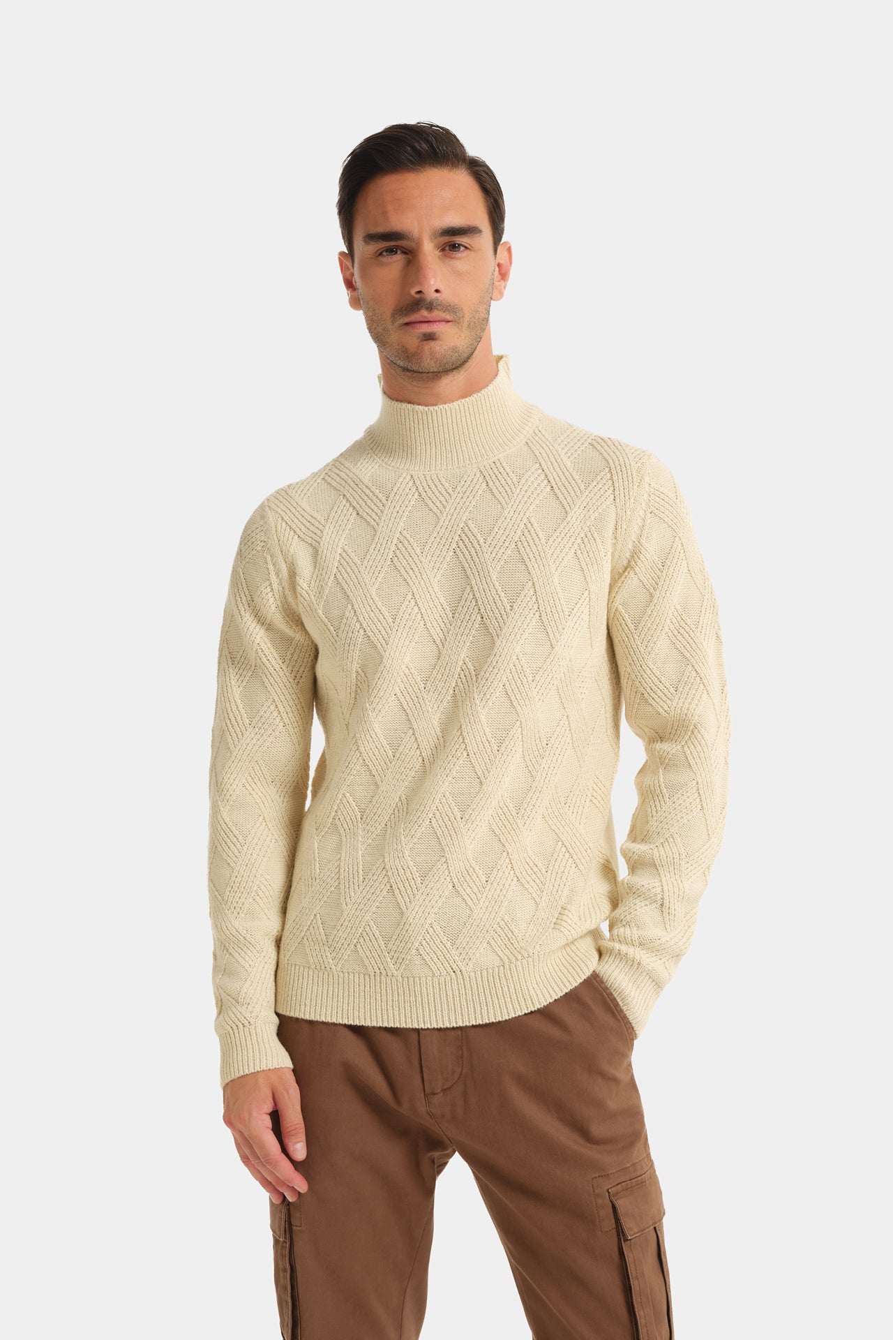 Cream Geometric Motif Turtleneck Sweater