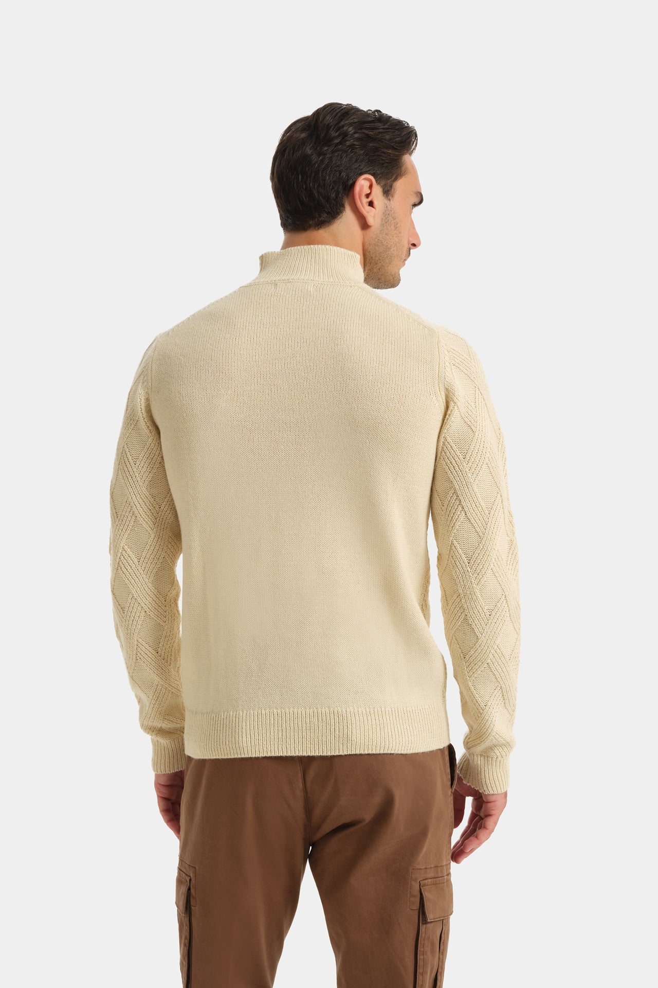 Cream Geometric Motif Turtleneck Sweater